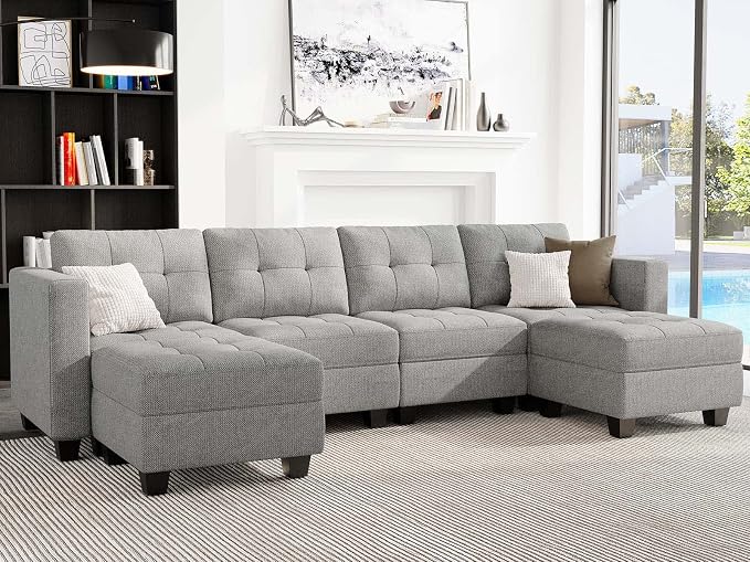 Belffin Reversible Storage Modular U-Shape Sectional Sofa Couch with Double Chaises Modular Sectional Sofa Set with Ottomans Fabric Light Grey