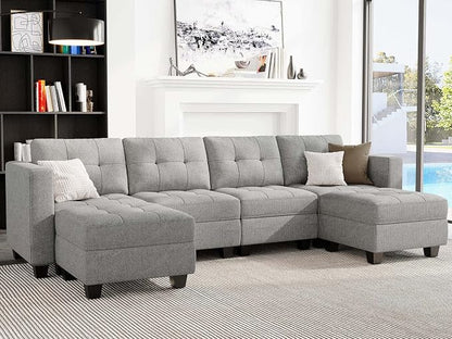 Belffin Reversible Storage Modular U-Shape Sectional Sofa Couch with Double Chaises Modular Sectional Sofa Set with Ottomans Fabric Light Grey
