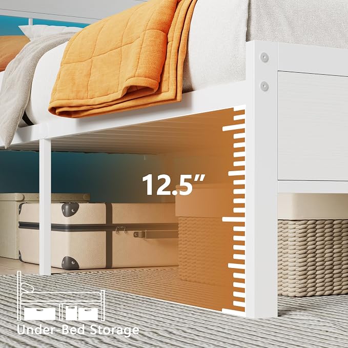 Furnulem Queen Bed Frame with Storage Headboard and LED Lights, Metal Bedframe with Charging Station and USB Port, Queen Size Platform Bed with Heavy Duty Slats, No Box Spring Needed, White