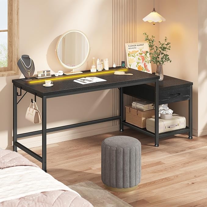 DurayLoly 48.1'' Gaming Desk with Printer Shelf & LED Lights, Reversible Computer Desk with Power Outlets & Drawers, Gaming Table with Hooks for Headphone,Small Desk for Teens, Bedroom & Dorm,Black