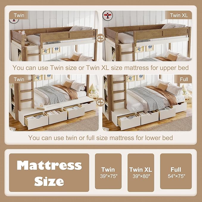 Bellemave Twin Over Twin Bunk Bed with Storage Drawers,Solid Wood Bunk Bed with Built-in Wardrobe,Storage Shelf and Safety Guardrails for Kids Girls Boys,Beige & Natural