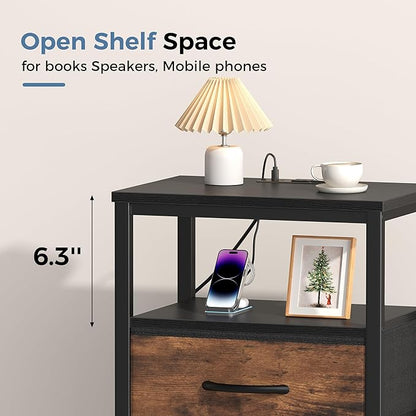 DUMOS 3-Tier Storage, Bed Side Tables with Wireless Charging Station, End Tables with Adjustable Fabric Drawers, Nightstand Set of 2, Modern Design, Black Rrown