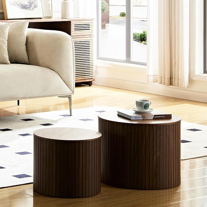 Nesting Coffee Tables Set of 2, Wooden Round Fluted Coffee Tables with Storage, Accent Drum Side Table, Luxury Modern Circle End Table for Small Spaces Living Room Bedroom Balcony Office, Walnut