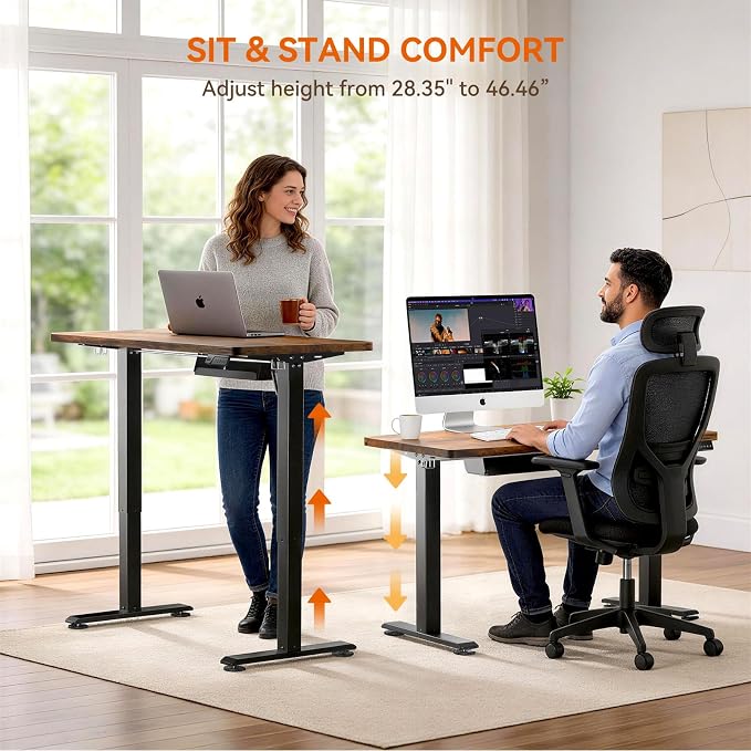 Standing Desk, 55 x 24 Inches Electric Height Adjustable Desk, Sit Stand up Desk, Memory Computer Home Office Gaming Desk with 3 Preset Heights, Table Cable Management Box, Brown