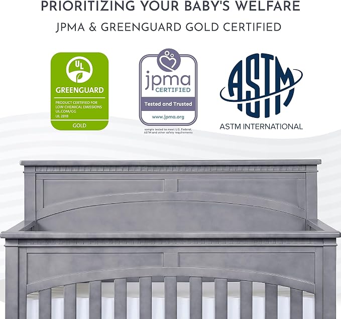 Evolur Santa Fe 5-in-1 Convertible Crib in Storm Grey, Greenguard Gold Certified, Features 3 Mattress Heights, Wooden Nursery and Bedroom Furniture, Baby Crib