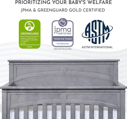 Evolur Santa Fe 5-in-1 Convertible Crib in Storm Grey, Greenguard Gold Certified, Features 3 Mattress Heights, Wooden Nursery and Bedroom Furniture, Baby Crib