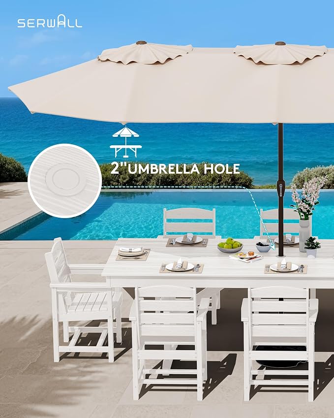 SERWALL 9 Piece 84" HDPE Outdoor Dining Set for 8 with Armchairs and Umbrella Hole, White