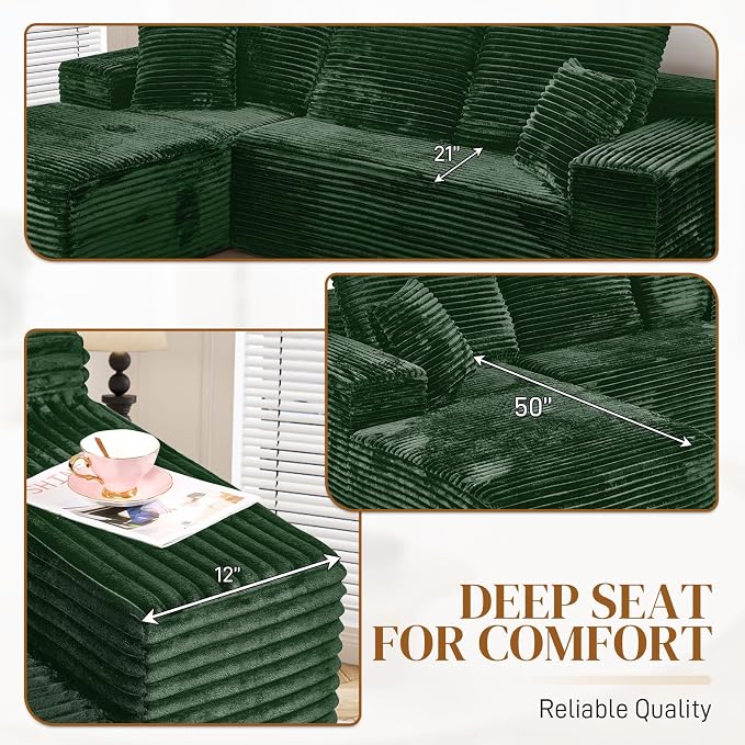 108" L Shaped Boneless Sectional Couches for Living Room, Comfy Corduroy Floor Cloud Sofa with Chaise, Wide Armrest, Deep Seat, Memory Foam, Assembly Free, Ideal for Small Spaces, Green