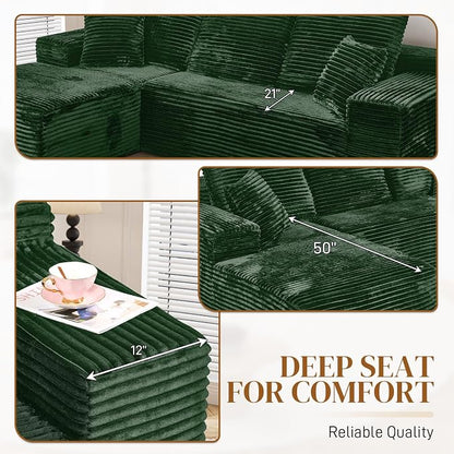 108" L Shaped Boneless Sectional Couches for Living Room, Comfy Corduroy Floor Cloud Sofa with Chaise, Wide Armrest, Deep Seat, Memory Foam, Assembly Free, Ideal for Small Spaces, Green