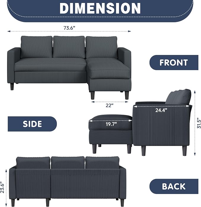 Shintenchi Modern Upholstered Sectional Sofa, L-Shaped Couch with Movable Ottoman and Reversible Chaise for Living Room, Dark Gray