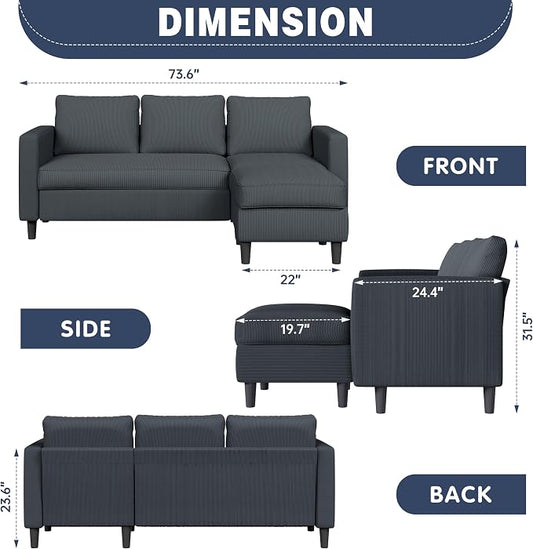 Shintenchi Modern Upholstered Sectional Sofa, L-Shaped Couch with Movable Ottoman and Reversible Chaise for Living Room, Dark Gray