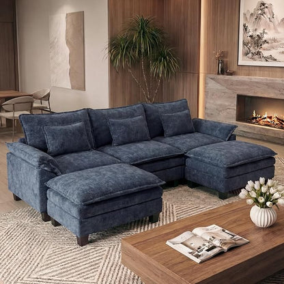 URRED Oversized Modular Sectional Sofa, 122" U Shaped Modern Comfy Cloud Couch with Movable Ottoman & Pillows, Deep Seat Couches for Living Room, Bedroom or Apartment (Chenille Blue, 122" U Shaped)