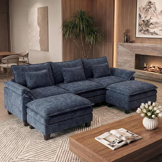 URRED Oversized Modular Sectional Sofa, 122" U Shaped Modern Comfy Cloud Couch with Movable Ottoman & Pillows, Deep Seat Couches for Living Room, Bedroom or Apartment (Chenille Blue, 122" U Shaped)
