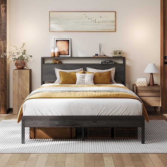 LIKIMIO Full Bed Frame with Headboard, Dark Wood Camas Full with Strong Supports, Sturdy, Noise-Free, No Box Spring Needed, Charcoal Grey