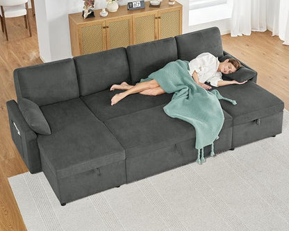 PaPaJet 110 Inch Sleeper Sofa, Oversized Pull Out Couch with Double Storage Chaise，U Shape Couches for Living Room, Gray