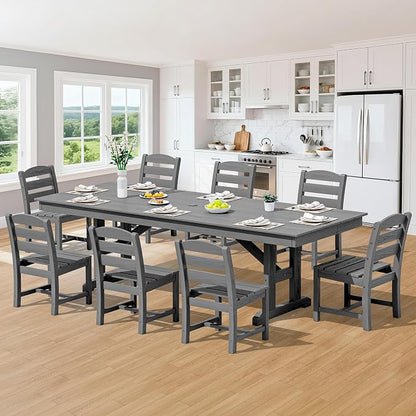 SERWALL 9 Piece 84" HDPE Outdoor Dining Set for 8 with Armless Chairs and Umbrelle Hole, Gray