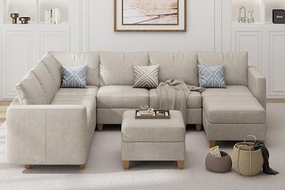 EASE MOOSE Leather Sectional Couch Sofa with Storage,U Shaped Faux Leather Modualr Sectional Modular Sofa,Whitesand