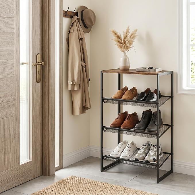 Shoe Rack for Entryway,4 Tier Shoe Shelf，Sturdy Shoe Storage Organizer,Boot Rack with a Fine Mesh Shelves，for Living Room, Hallway，Small Space,11.8 x 16.5 x 27.9 Inches,Brown