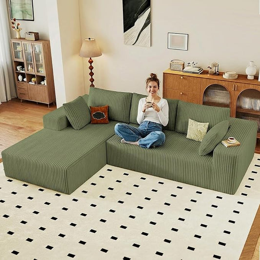 95" Cloud Sectional Couch with L-Shape Chaise, Modular Comfy Sofa Chaise Longue, Upholstered Corduroy Couches Sleeper with Deep Seat for Living Room Bedroom, No Assembly Required(Green, Left Facing)