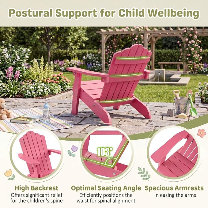 Giantex Kids Adirondack Chair, All-Weather HIPS Children's Outdoor Chair with Tilted High Backrest, Toddler Beach Chair for Garden Patio Backyard, Kids Lawn Chairs for Age 3-7 (2,Pink)