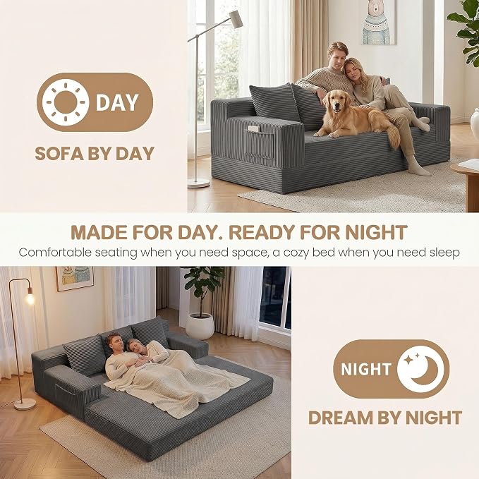 78.5” Convertible Sofa Bed,Corduroy 3 Seater Boneless Couch Bed Futon,Fold Out Couch with 3 Pillows,Loveseat Sleeper with Pull Out Bed for Living Room, Guest,Bedroom,Grey