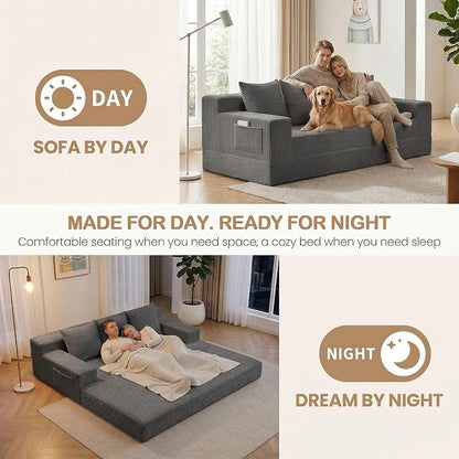 78.5” Convertible Sofa Bed,Corduroy 3 Seater Boneless Couch Bed Futon,Fold Out Couch with 3 Pillows,Loveseat Sleeper with Pull Out Bed for Living Room, Guest,Bedroom,Grey