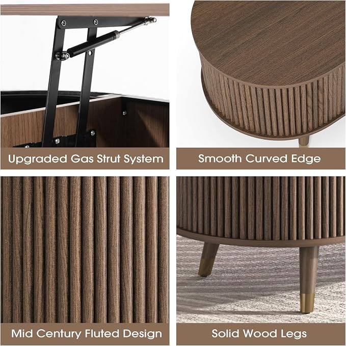 JOINICE 42.5" Oval Lift Top Coffee Table with Storage, Mid Century Modern Walnut Center Table with Fluted Design, Solid Wood Legs & Hidden Compartment, Pop Up Coffee Table for Living Room