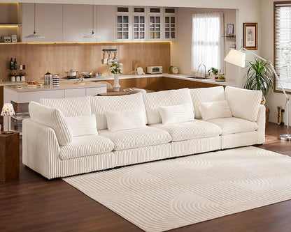 154" Oversized Corduroy Couch Modular Sectional Sofa, Washable Cloud Couch Sectional, 4 Seater Sectional Couches for Living Room, Fully Cover Removable, Basic 4 Seater, Corduroy, White