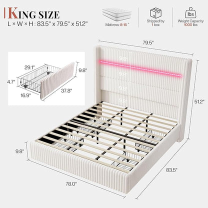 Jocisland King Size Corduroy Upholstered Bed Frame with 4 Storage Drawers & 51.2" Tall Wingback Headboard, LED Platform Bed with Charging Station, Easy Assembly, No Box Spring Needed, White