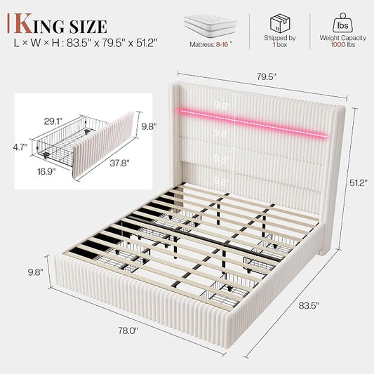 Jocisland King Size Corduroy Upholstered Bed Frame with 4 Storage Drawers & 51.2" Tall Wingback Headboard, LED Platform Bed with Charging Station, Easy Assembly, No Box Spring Needed, White