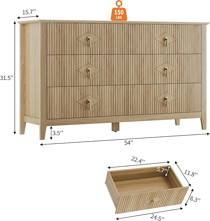 GarveeHome Fluted Dresser for Bedroom, 54 Inch Wide 6-Drawer Wood Dresser, Modern Chest of Drawers, Storage Organizer Cabinet for Living Room, Hallway, Entryway, Natural Oak