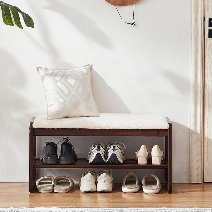 Achicsofar Shoe Rack Bench,2 Tier Solid Wooden Entryway Bench with Shoe Storage, Shoe Rack with Cushion for Living Room, Hallway(Cream White, 31.5")