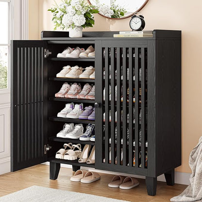 IRONCK Shoe Cabinet with Slatted Doors, 6-Tier Shoe Storage Cabinet with Adjustable Shelves, Wooden Shoe Rack Organizer for Entryway, Hallway, Closet, Living Room, Black