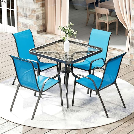 Arlopu 5 Piece Outdoor Patio Dining Set (Umbrella not Included), Porch Furniture with 4 Textline Chairs, 1 Square Glass Table for Garden, Backyard and Poolside, Lawn (Blue)