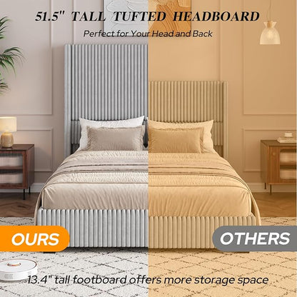 UNIQUITE Queen Size Lift Up Storage Bed Frame with 51 Inch Tall Wingback Headboard, Corduroy Upholstered Platform Bed with Hydraulic Storage, 2 USB Ports, No Box Spring Needed, Noise-Free, Light Grey