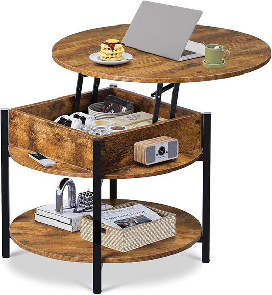 WLIVE Round Lift Top Coffee Table with Storage Shelf and Hidden Compartment, Farmhouse Small Coffee Table with 2 Tier for Living Room and Home Office, Rustic Brown