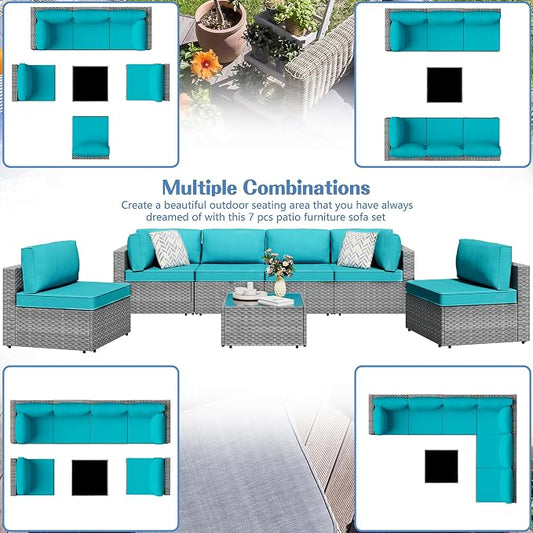 Shintenchi 7 Pieces Outdoor Patio Furniture Sets, Patio Sectional Sofa Couch, Silver Gray PE Wicker Furniture Modular Patio Conversation Sets Patio Sofa with Washable Cushions & Coffee Table (Blue)
