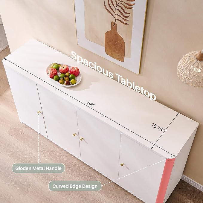 IFGET Curved Buffet Cabinet with Doors, 66" Large Sideboard Buffet Storage Cabinet with 4 Doors and Shleves, Modern Coffee Bar Station Wood Kitchen Table for Kitchen, Dining Room, White