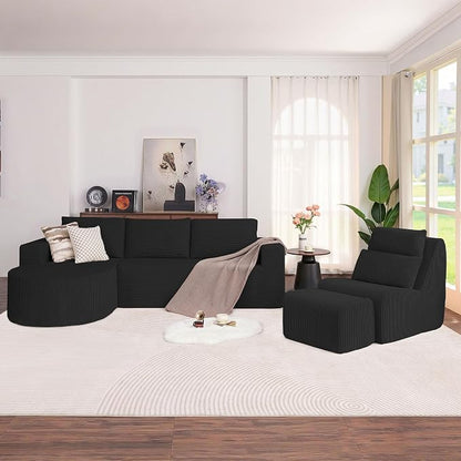 104.92" L-Shaped Corduroy 3 Piece Sofa Set with Single Lounge Chair & Ottoman, Modular Compressed All Foam Couch, Freely Movable Footrest, Minimalist Large Living Room Furniture