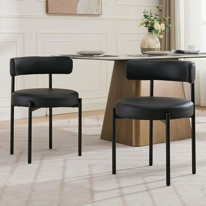 Faux Leather Dining Chairs Set of 4, Upholstered Kitchen and Dining Room Chairs, Mid-Century Modern Dining Chairs with Round Back and Black Metal Legs, Vegan Leather, Black