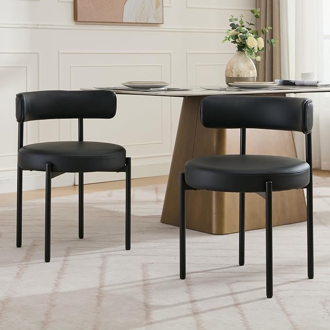 Faux Leather Dining Chairs Set of 6, Upholstered Kitchen and Dining Room Chairs, Mid-Century Modern Dining Chairs with Round Back and Black Metal Legs, Vegan Leather, Black
