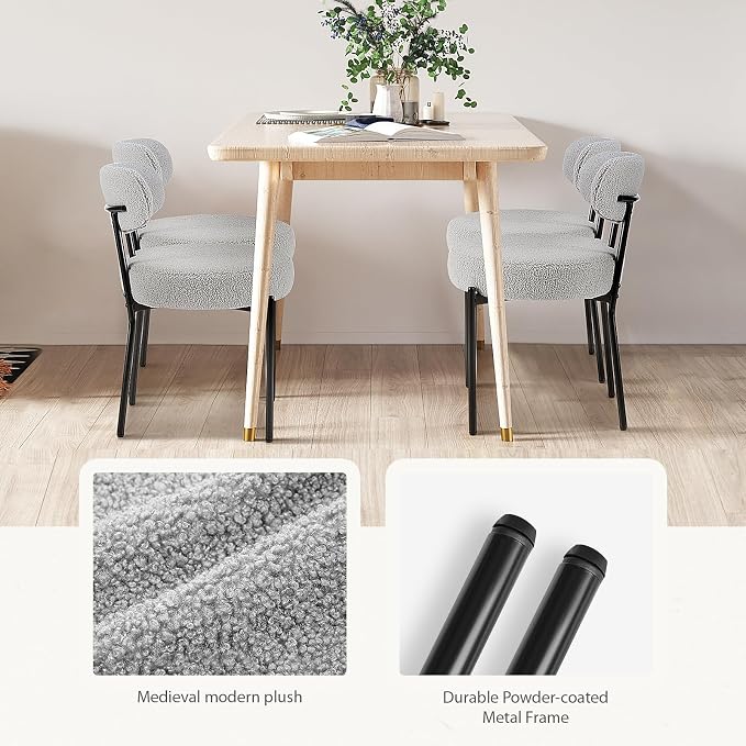 Sweetcrispy Dining Chairs Set of 4, Boucle Upholstered Modern Mid Century Round Kitchen Chairs with Curved Backrest & Metal Legs for Vanity, Living Room - Grey