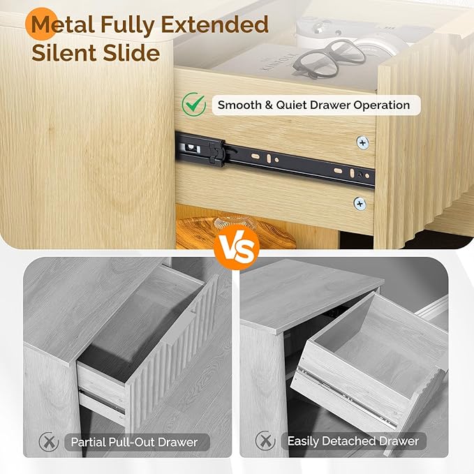 VINGLI 19"W Nightstands Set of 2 with Charging Station, LED Nightstand Fluted with Rounded Edge, Mid Century Modern Nightstand for Bedroom, Fluted Bed Side Table, Oak Night Stand, 18.9"W*15"D*22.4"H