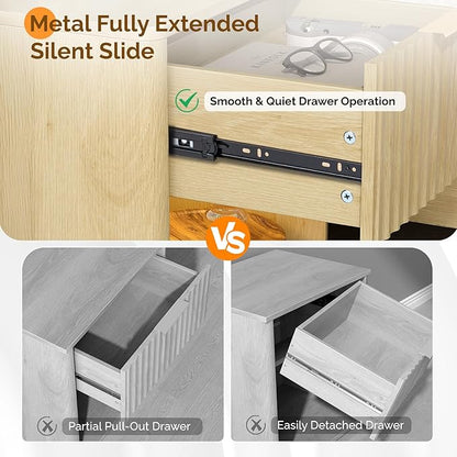 VINGLI 19"W Nightstands Set of 2 with Charging Station, LED Nightstand Fluted with Rounded Edge, Mid Century Modern Nightstand for Bedroom, Fluted Bed Side Table, Oak Night Stand, 18.9"W*15"D*22.4"H