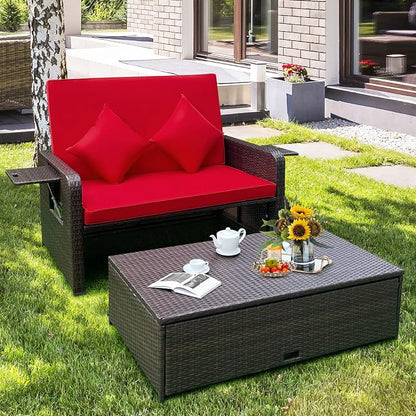 Tangkula Patio Rattan Daybed with 4-Level Adjustable Backrest, Outdoor PE Wicker Loveseat with Storage Ottoman & Folding Side Tray, Double Sunbed Lounger for Balcony, Backyard & Poolside, Red & Brown