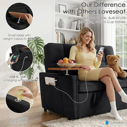 54'' Sleeper Sofa Bed, Convertible Pull Out Couch Futon for for Living Room,Apartment (Black) Side Desk, USB Ports, Cup Hold, Velvet Fabric, Adjustable Backrest, Easy Assembly