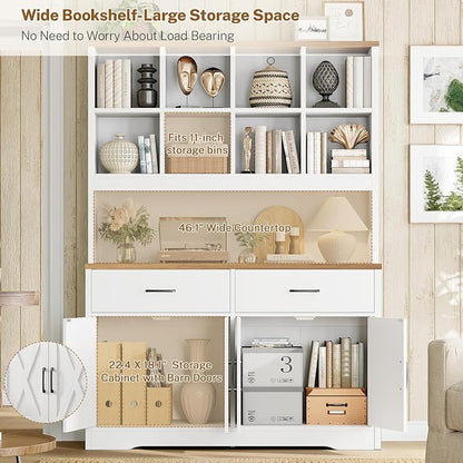TEENFON Storage Cabinet with Doors and Drawers, Pantry Cabinets, 5 Tier Floor Standing Bookshelves, Bookshelf and Bookcase, 8 Open Storage Shelves and Printer Stand for Study, Living Room, Office