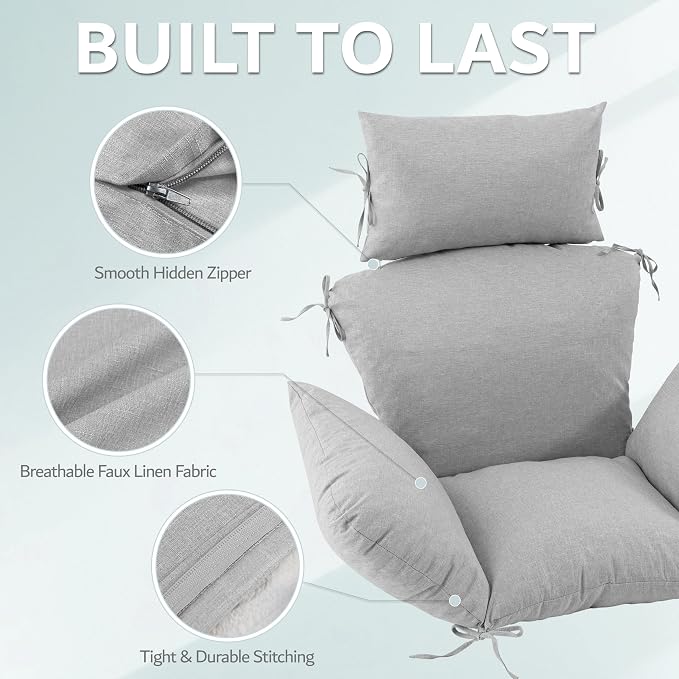 Egg Chair Cushion with 8 Securing Straps, Water-Repellent & Fade-Resistant Faux Linen, Removable Cover, Replacement Cushion for Most Single Outdoor Hanging Swing Egg Chairs – Light Grey