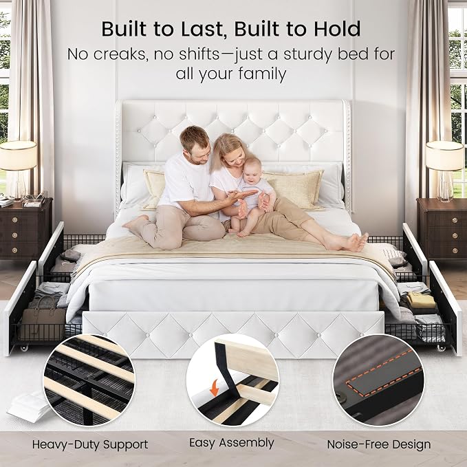 LARMACE Queen Size Bed Frame with 4 Storage Drawers and 47.2" Tall Wingback Headboard Velvet Upholstered Platform Bed Frame Tufted Beds with Wooden Slats Support, Easy Assembly, White
