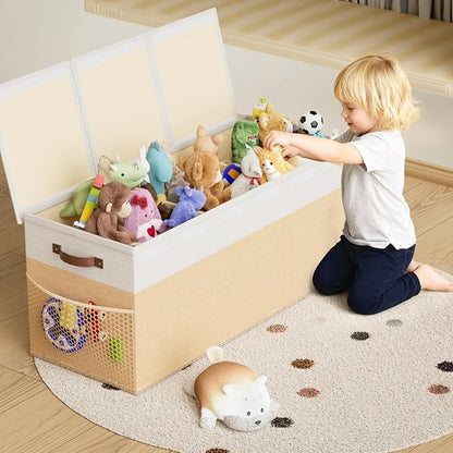 Dayacoco Extra Large Toy Box Chest with Lids, Collapsible Sturdy Kids Toy Storage Organizer Boxes for Boys Girls, Collapsible Sturdy Toys Chest Storage Organizer Bin Basket, Beige